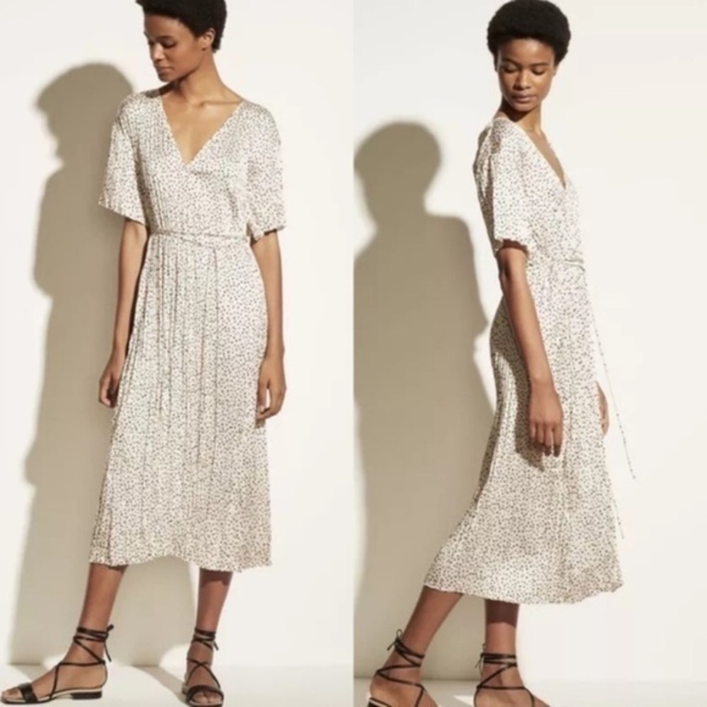 Vince Stone Dot Pleated Satin Short Sleeve V-Neck Dress